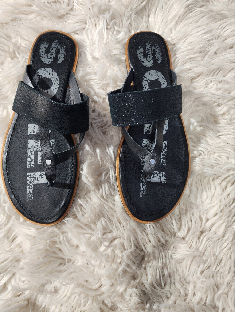Sorel Ella II Sandalia Woman Thong De Cuero Y Gamuza Size 9 Color Negro